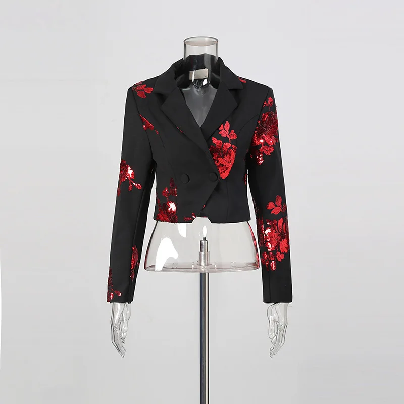 HKSH otoño nuevo conjunto de mujer cuello vuelto lentejuelas flor chaqueta corta Oficina señora abrigo encaje Patchwork A-line falda elegante HK11555