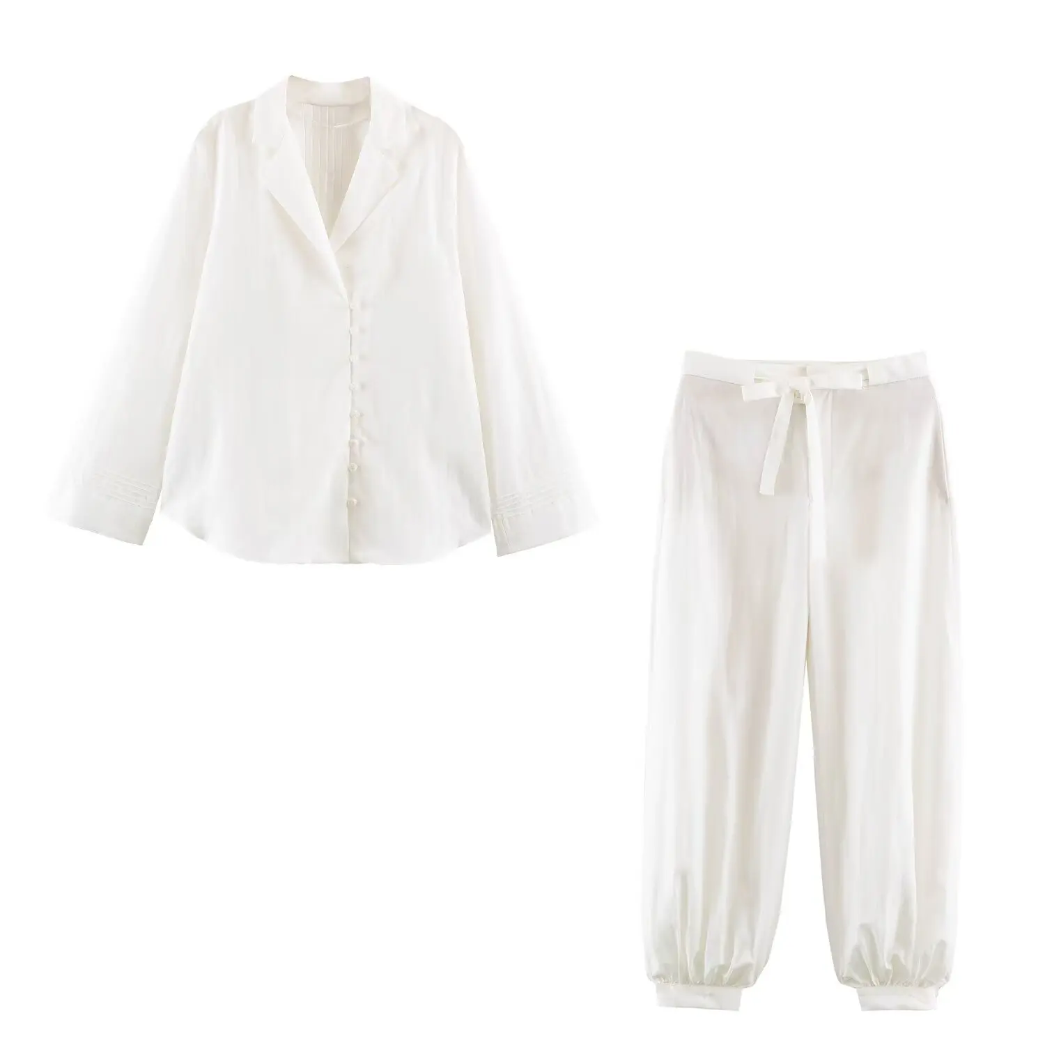 Women's Lapel Collar Long Sleeve Buttons Folds Blouses Matching Tie Waist Lantern Pants Elegant  Matching Outfit Daily Commuter