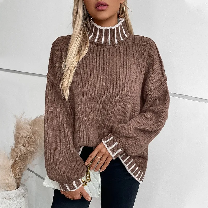 

New Fashion Women Striped High Neck Sweater Temperament Commuting Autumn & Winter Women Clothing Casual Loose Knitted Pullovers