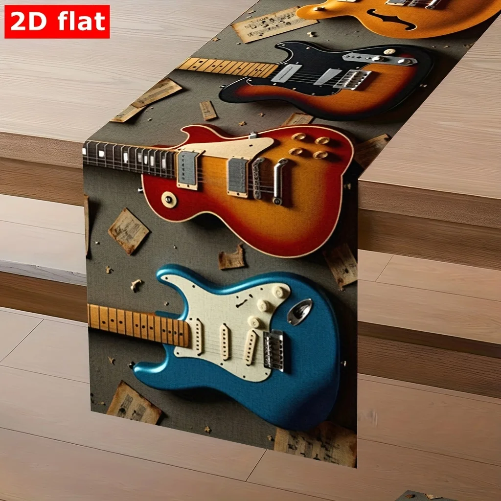 Electric Guitar Table Runner - 1PC Classic Rock Music Retro Creative Print Cover for Dressing Table Dining Winter