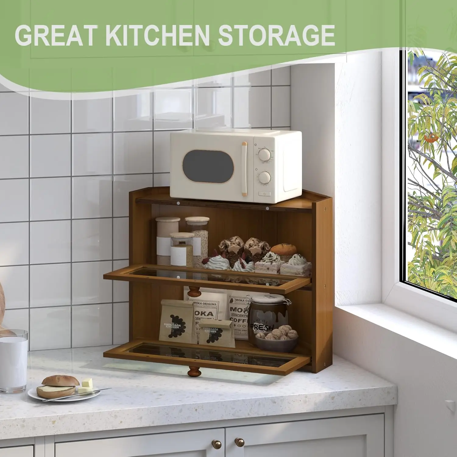 Large Bamboo Corner Bread Box with Window, Farmhouse Style Kitchen Storage Container for Countertop