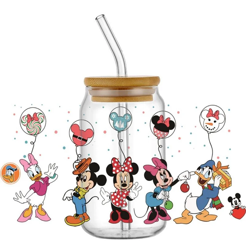 Miniso 3D UV DTF Transfers Sticker Mikey Mouse Donald Duck Serie Decal Cup Wrap for 16oz Libbey Glasses DIY Washable Mug Sticker