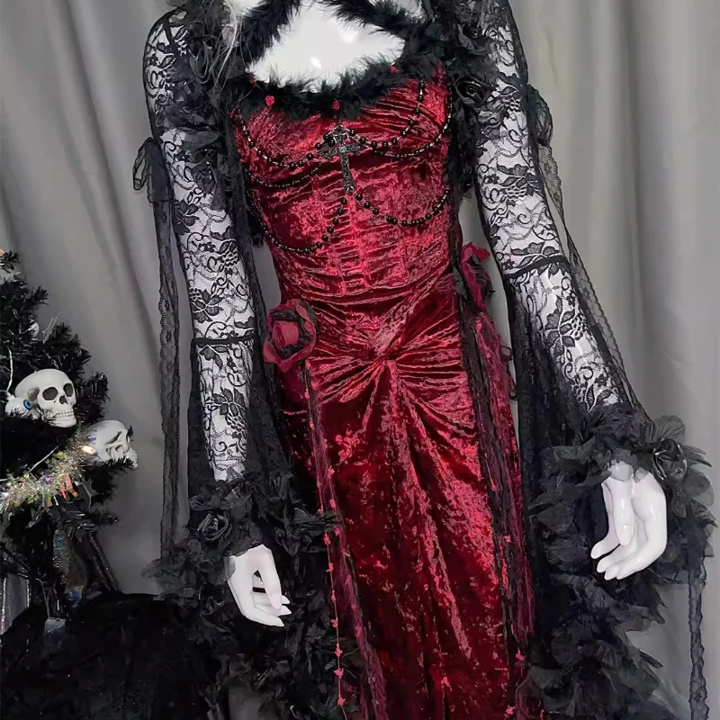 Europea American Gothic Sexy Sweet Cool Women's Dress Original Design Lace Flower Hollow Out Beaded Cardigan Coat Set Ladies