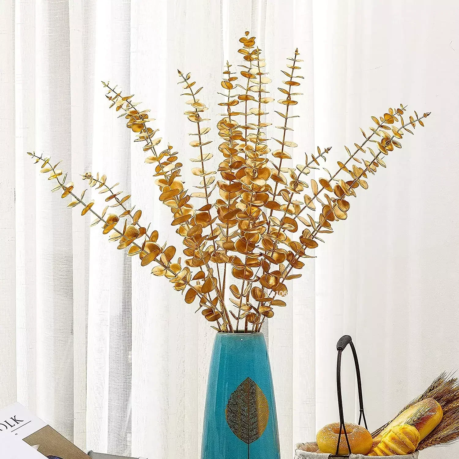 1pcs/Lot Artificial Gold Eucalyptus Branch Stem Artificial Plants for Autumn Home Decoration Wedding Flower Arrangement Greenery