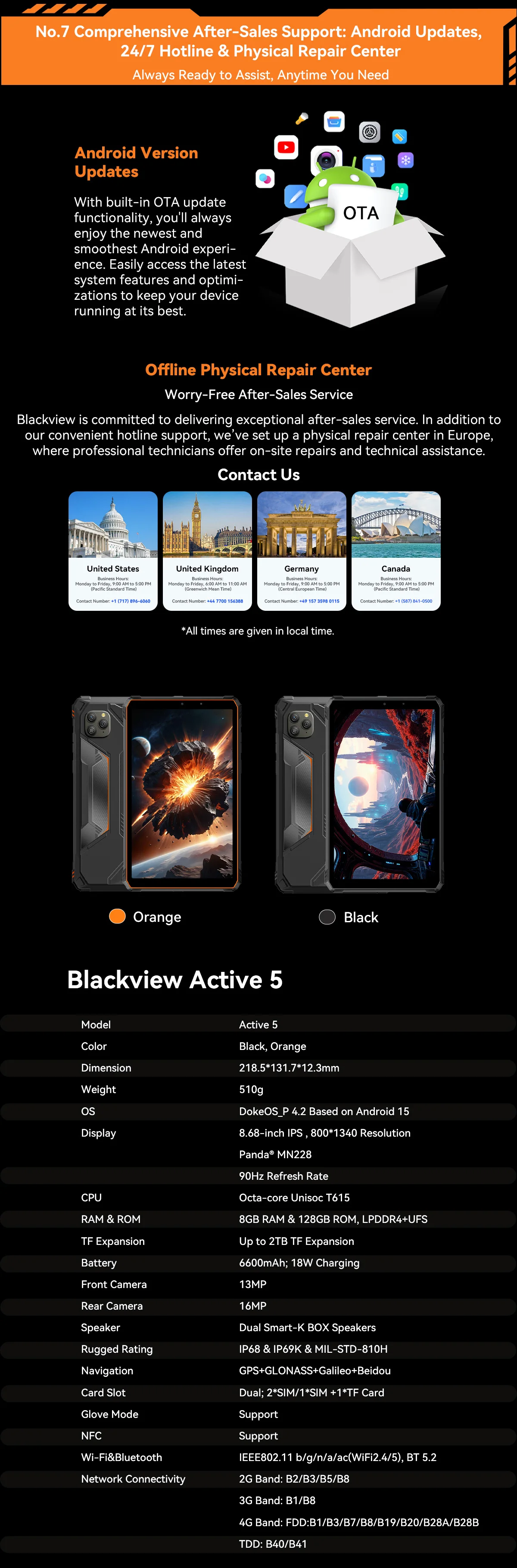 Blackview Active 5 Rugged Tablet, 24GB Expand RAM (6+18GB Virtual RAM) 128GB ROM, 6600mAh Large Battery, Android 15, 8.68 Inch 90Hz IPS Screen, Doke AI, NFC, Fingerprint Unlock Waterproof Industrial Tablet
