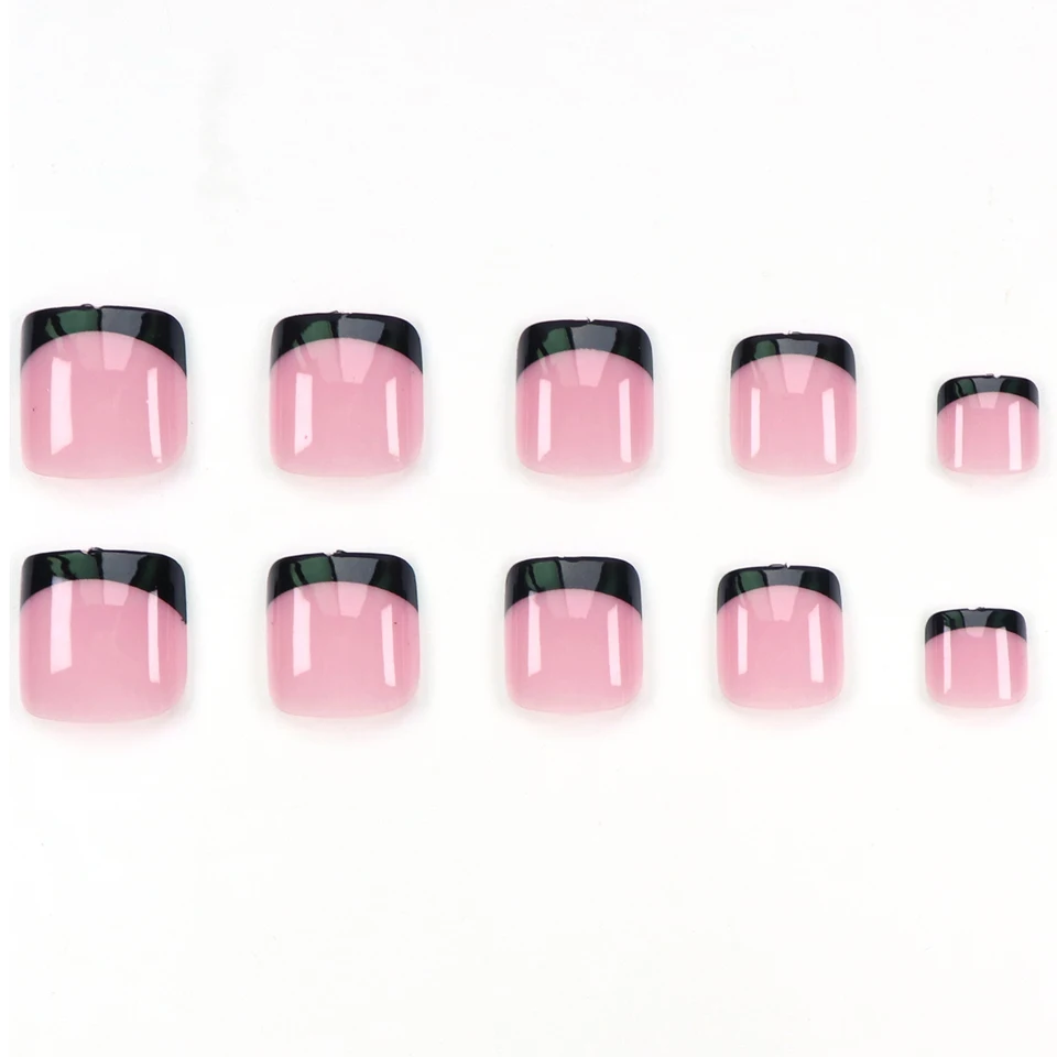 24 piezas de uñas para pies negras francesas puntiagudas, uñas falsas cuadradas para pies, diseño rosa desnudo, uñas acrílicas de cobertura completa 2