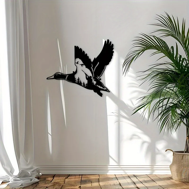 Flying Duck Hunting Scene Metal Wall Art, 2D Flat Iron Silhouette, Rust‑Resistant Black Wildlife Plaque, Indoor Outdoor Wall