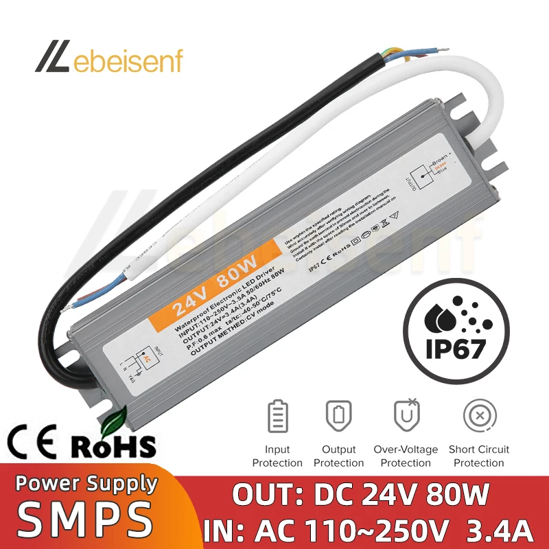 Alimentatore interruttore a tensione costante Driver LED elettronico impermeabile 110-250V AC-DC 24V 80W 3.4A convertitore trasformatore di