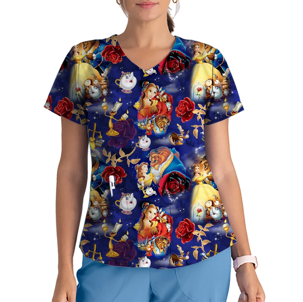 

Disney Beauty and the Beast Print Matte Short Sleeve V Neck Medical Uniform Cartoon Women's Nurse Dress T-Shirt Nursing Clothes