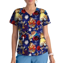 Disney Beauty and the Beast Print Matte Short Sleeve V Neck Medical Uniform Cartoon Women's Nurse Dress T-Shirt Nursing Clothes