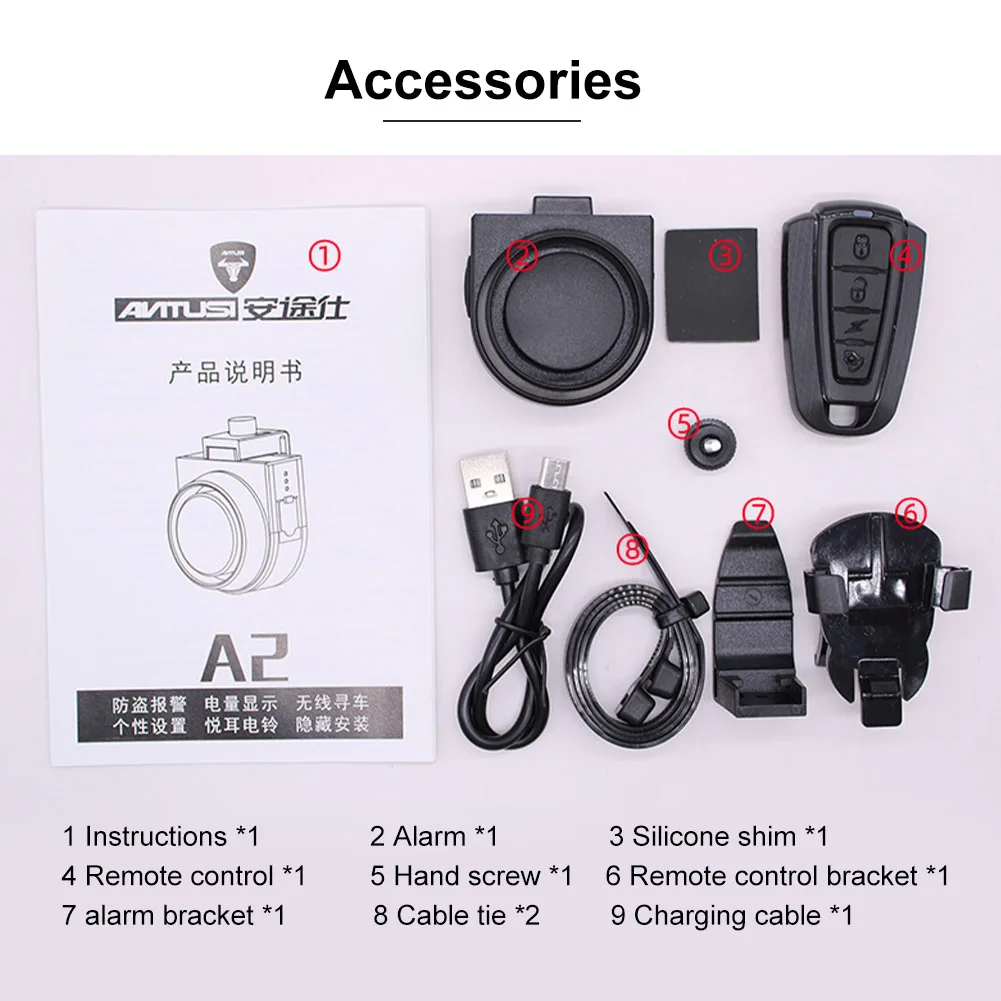 Wireless Bike Alarm Anti-Theft Burglar Alarm 115dB Loud Vibration-Activated Bicycle Alarm Bell with Remote Horn USB Rechargeable