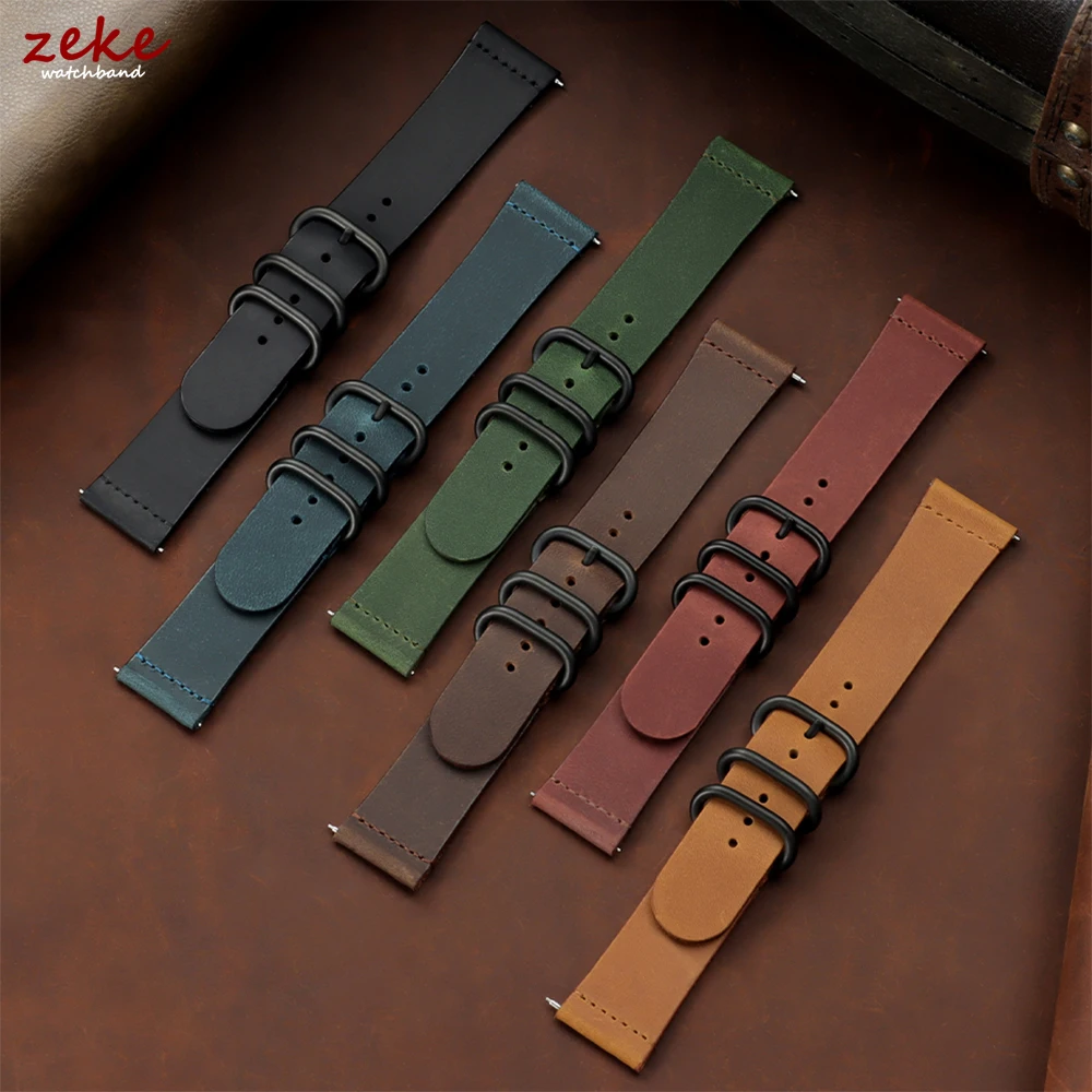 20mm 22mm Crazy Horse Leder Uhrenarmband Schwarzer Ringschnallenriemen für Samsung Galaxy Watch 7/6/5/4 für Huawei Watch GT 5-4-3-pro