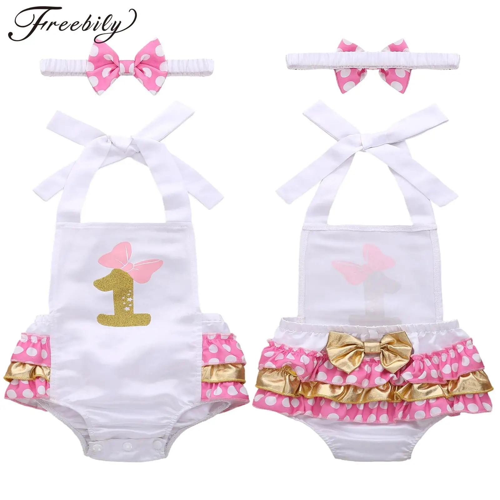 

Infant Baby Girls 1st Birthday Outfit Sleeveless Printed Polka Dot Ruffled Romper with Headband for Cake Smash Party Photo Shoot