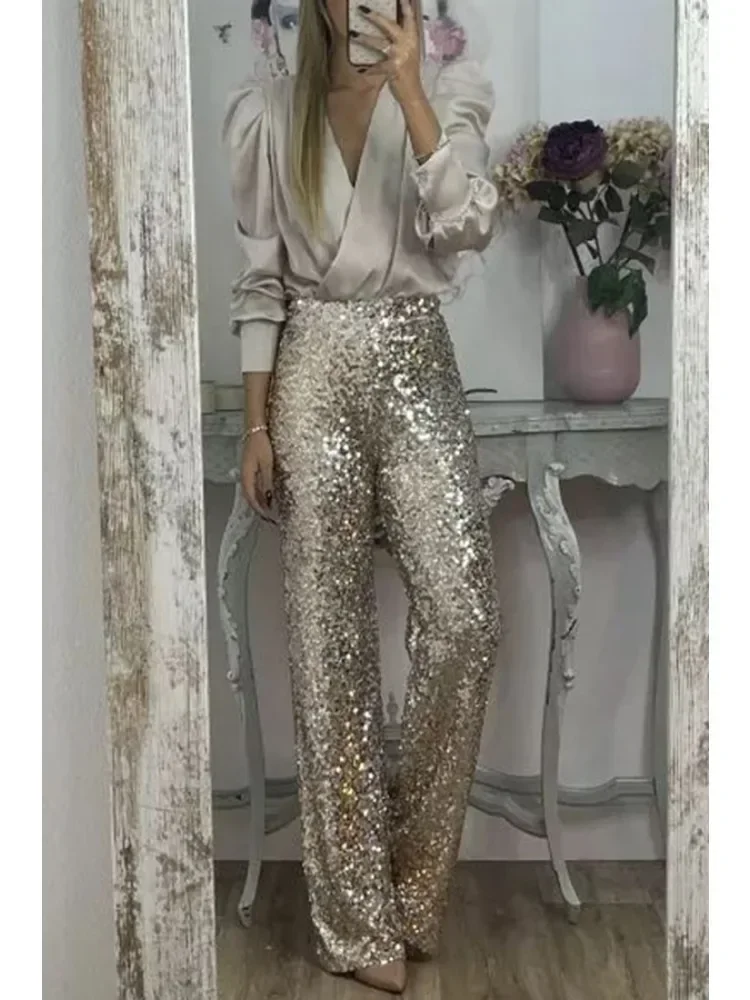 Fashion Spring/Summer Women's Sequin Flare Pants Casual Slim Fit Elastic Flare Pants Versatile Solid Color Micro Flare Pants