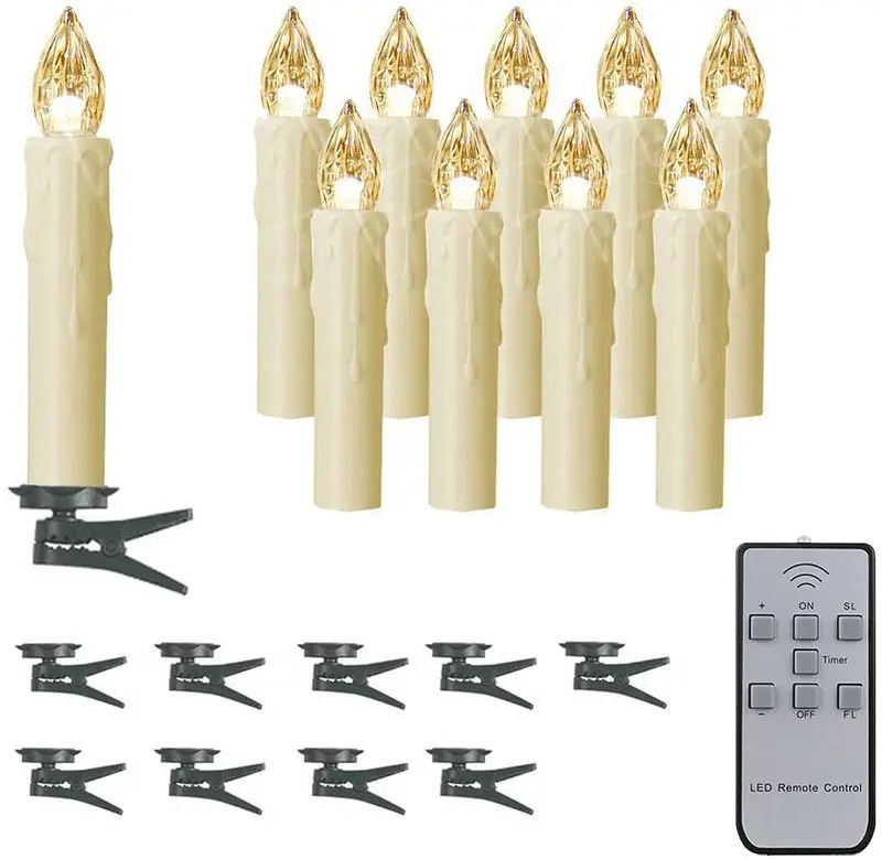 Set of 10 Remote controlled LED taper Candle teaLight cordless Battery powered w/7 key controller&Clip f/Wedding Xmas-Warm white