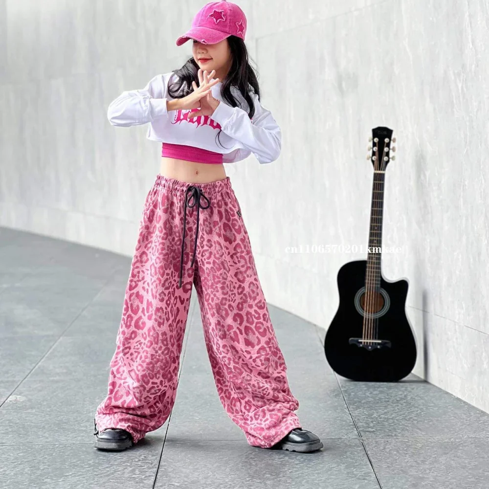 New Children Jazz Dance Clothing School Show Performance Wear Black Crop Top Pink Leopard Print Pants Girls Hip Hop Streetwear