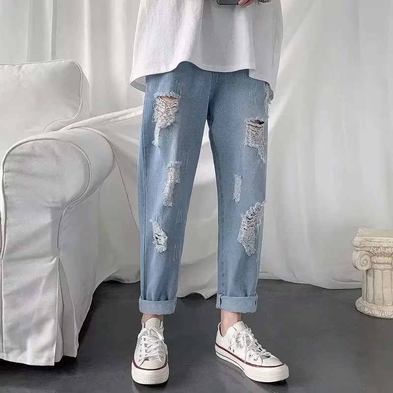 

Light Wa Men's Jeans Casual Loose Thin Sle Streetwear Hip Hop Loose Long Trousers Ripped Denim Pants Summer Faion