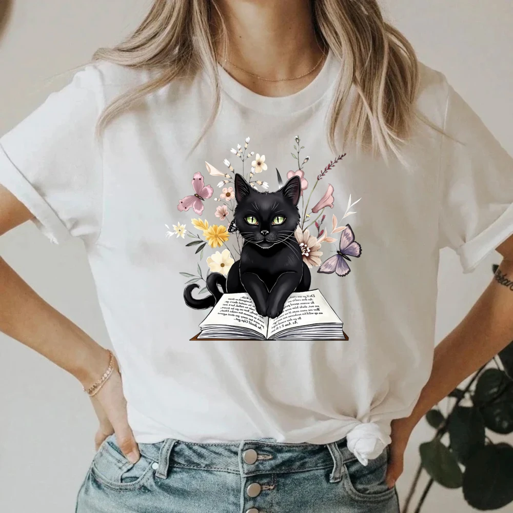 Vintage Black Cat on Books Forest Style T-Shirt, Floral Coffee Print Cotton Short Sleeve Tee Retro Book Lover Top Women Clothing