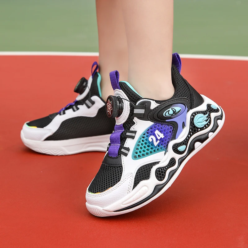 Spring/Summer Basketball Shoes Children's Sports Shoes Boys' Trendy Breathable Shock Absorbing Rotating Button Running Shoes