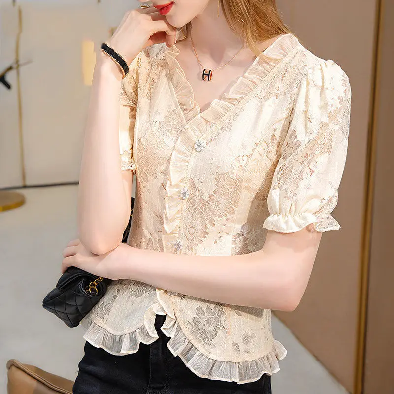 Office Lady Chic Lace Chiffon Shirts Fahsion Women Clothing Tunics Elegant Ruffles Embroidery Pretty Short Sleeve Female Blouse