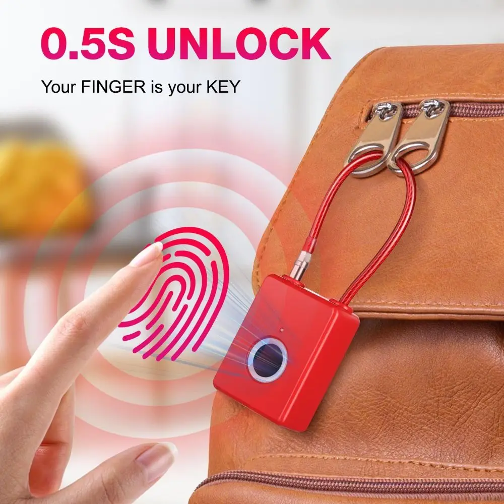 Waterproof Fingerprint Padlock Flexible Steel Rope Durable Design Keyless Cable Lock Anti-Theft Anti-Cut Smart Biometric Padlock