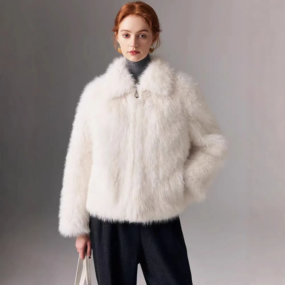 KIDCRKJ الشتاء Wowen معطف فرو الثعلب الصناعي الأبيض التلبيب طوق سستة الفراء سترة للإناث الحلو سيدة الفراء الاصطناعي أبلى #3