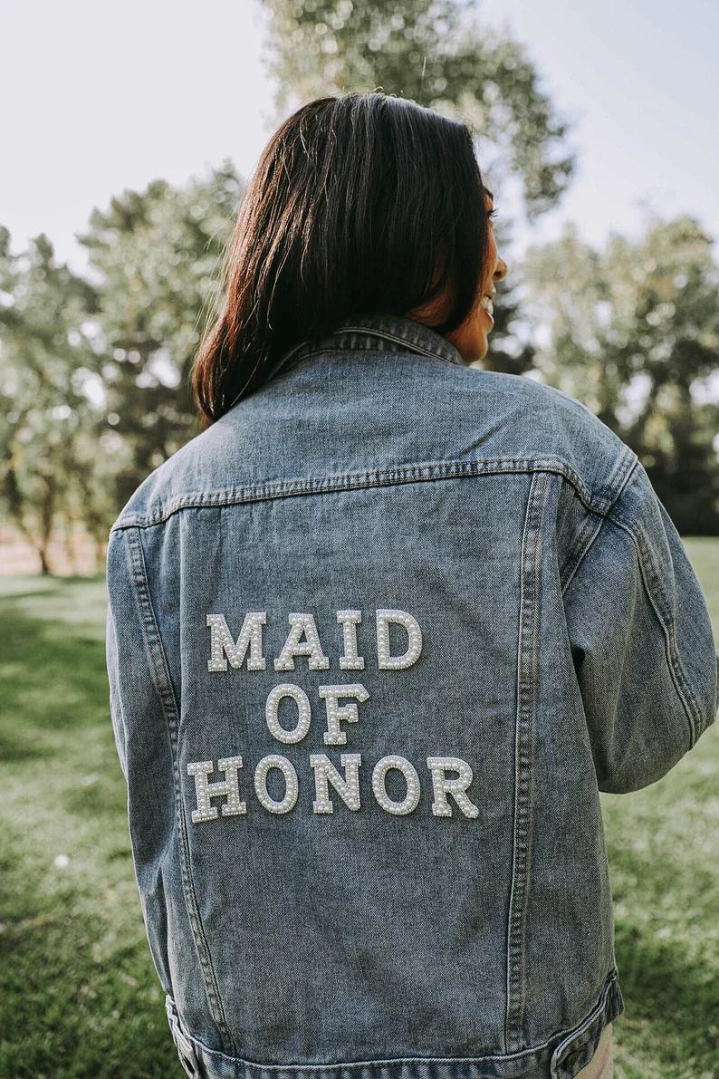 Personalized MAID OF HONOR Pearl & Rhinestone Denim Jacket | Custom Jacket | Mrs. Jacket | Boyfriend Fit Jean Jacket