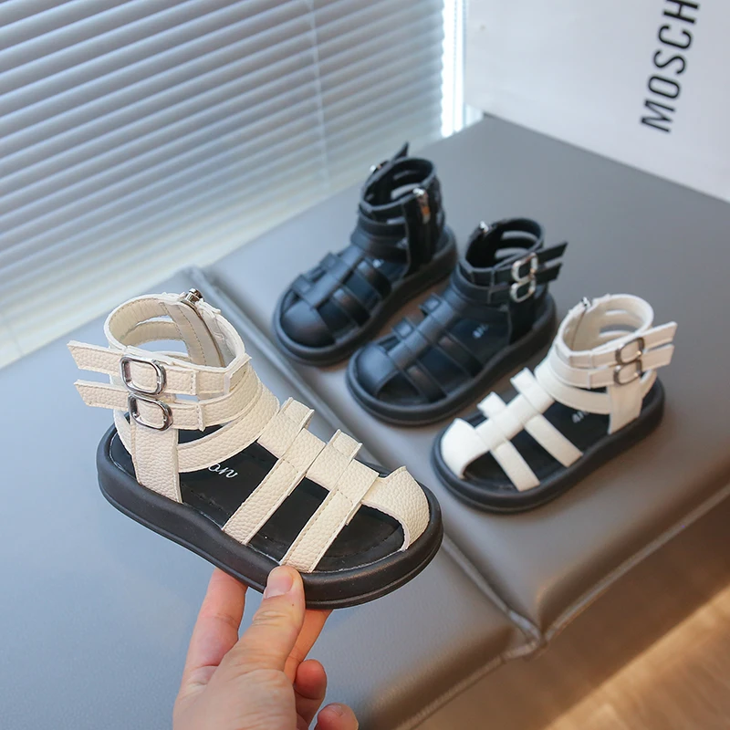 

Детские сандалии в британском стиле для девочек, лето 2021, детская пляжная обувь с вырезами, модные повседневные простые римские сандалии с высоким берцем для девочек