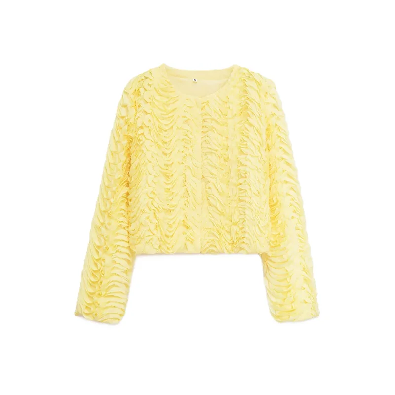 

Women's Jacket 2025 Autumn New Style Yellow Long-Sleeve Short Textured Cardigan Jacket, Unique Fashionable Casual Versatile