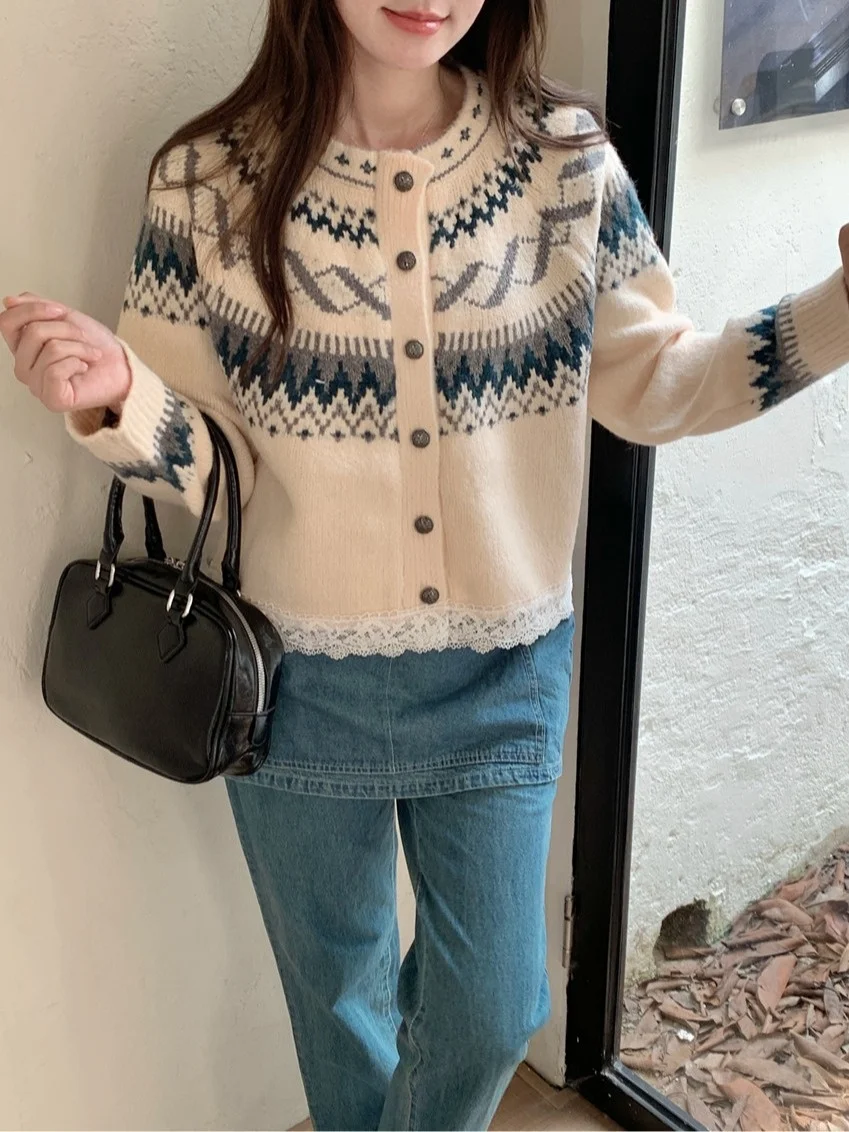 

Sweet Splice Isle Knitted Sweater Women's Autumn New Sle Floral Top Comfortable Medium Softn Commute Sle Knitwear