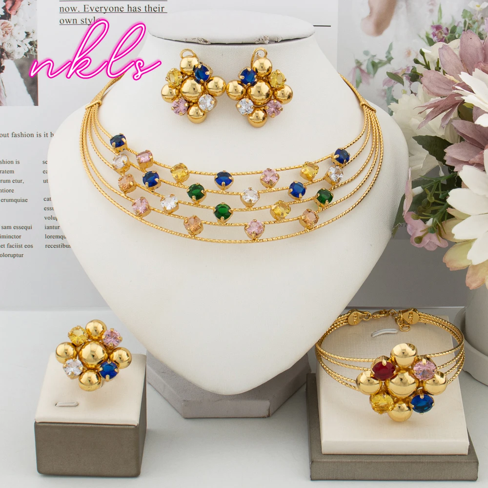 Italian 18k Gold Plated Jewelry Set Brazilian New Design Necklace Earrings Bangle Ring Set for Women Dubai Wedding Party Jewelry