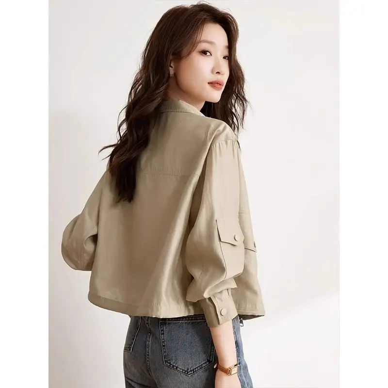 Women\'s 2024 Spring Autumn New Splicing Stand Collar Button Zipper Pocket Fashion Solid Color Loose Casual Long Sleeve Jackets