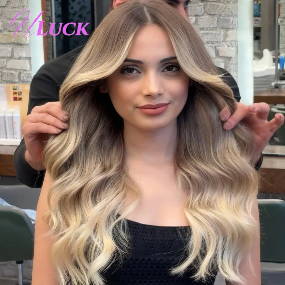

Uluck 13x6 Lace Frontal Wigs Ombre Ash Blonde Colored 100% Real Brazilian Human Hair Wigs Body Wave Pre Plucked For White Women