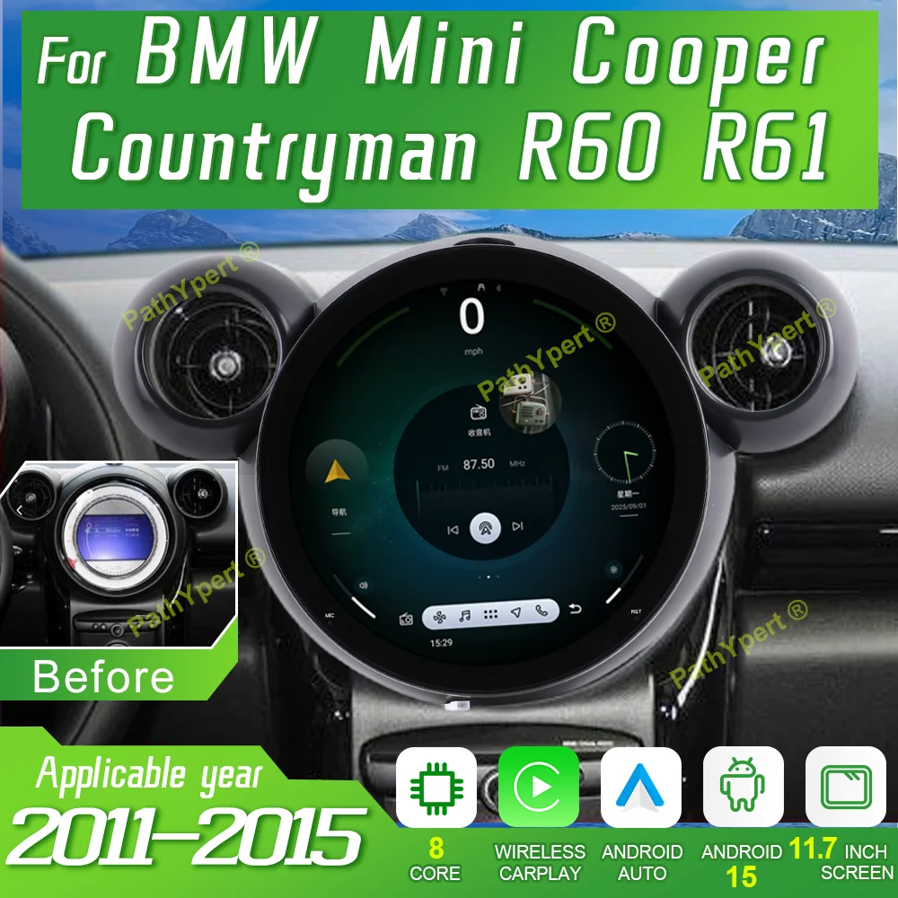 Android 15 Car Radio For BMW Mini Cooper Countryman R60 R61 2011-2015 Multimedia Player GPS Navigation Carplay Auto BT Head Unit
