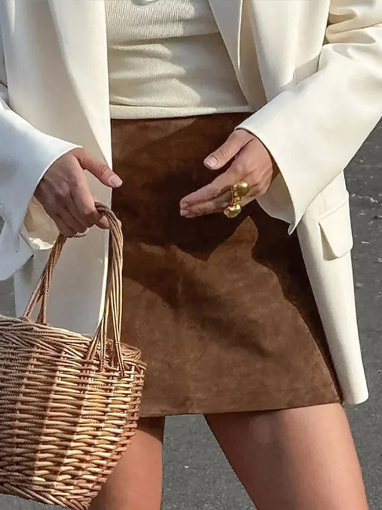 Retro Suede Short Skirt Women's Slim Fit High Waist Bodycon A-line Skirts 2025  Autumn Winter New Commute Street Lady Clothing