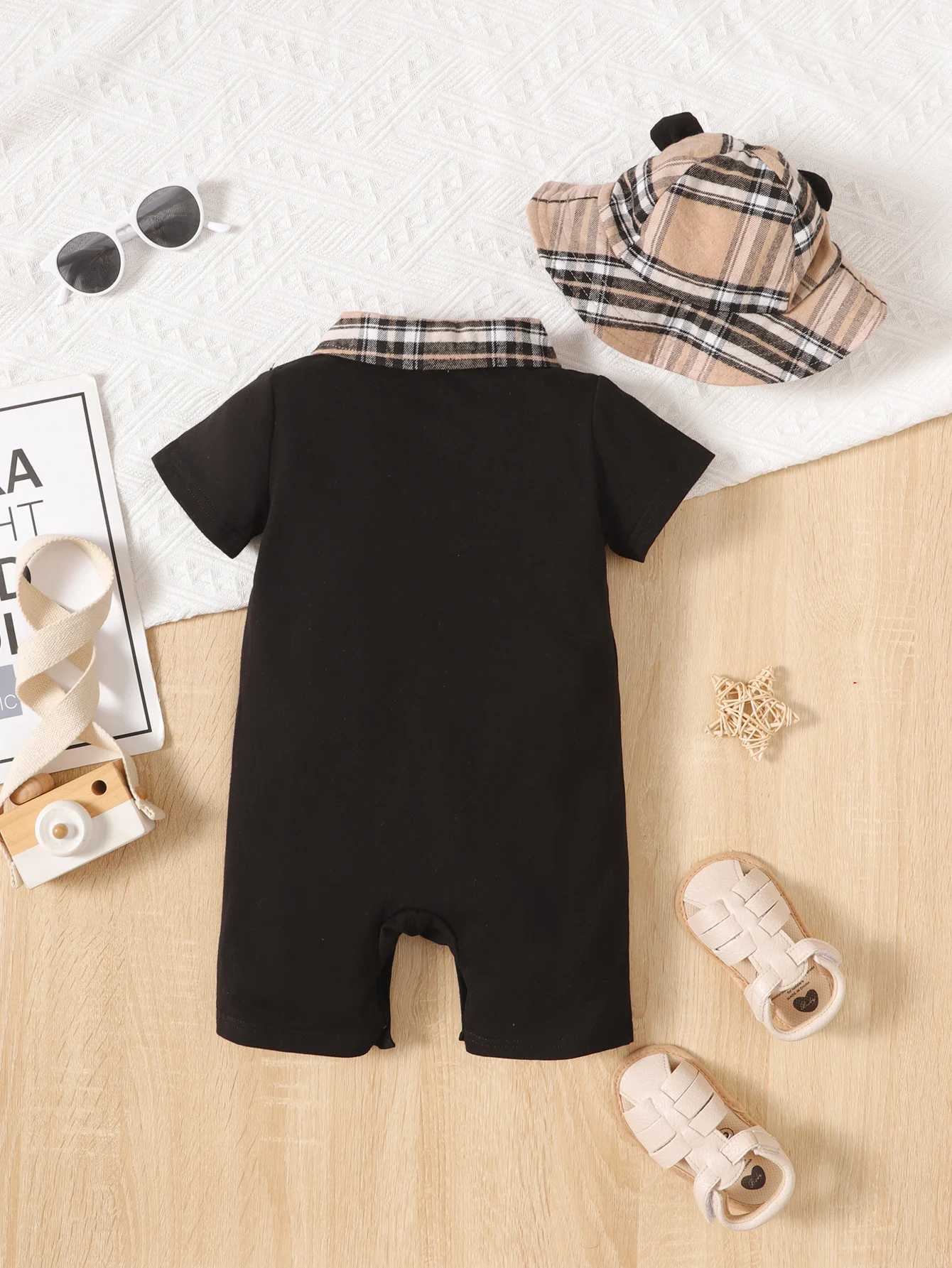 Fashion Summer BabyBoys Black Onesie Plaid Patchwork Pocket Polo Collar Short-Sleeved Hattie Teddy Bear Embroidered FishermanHat