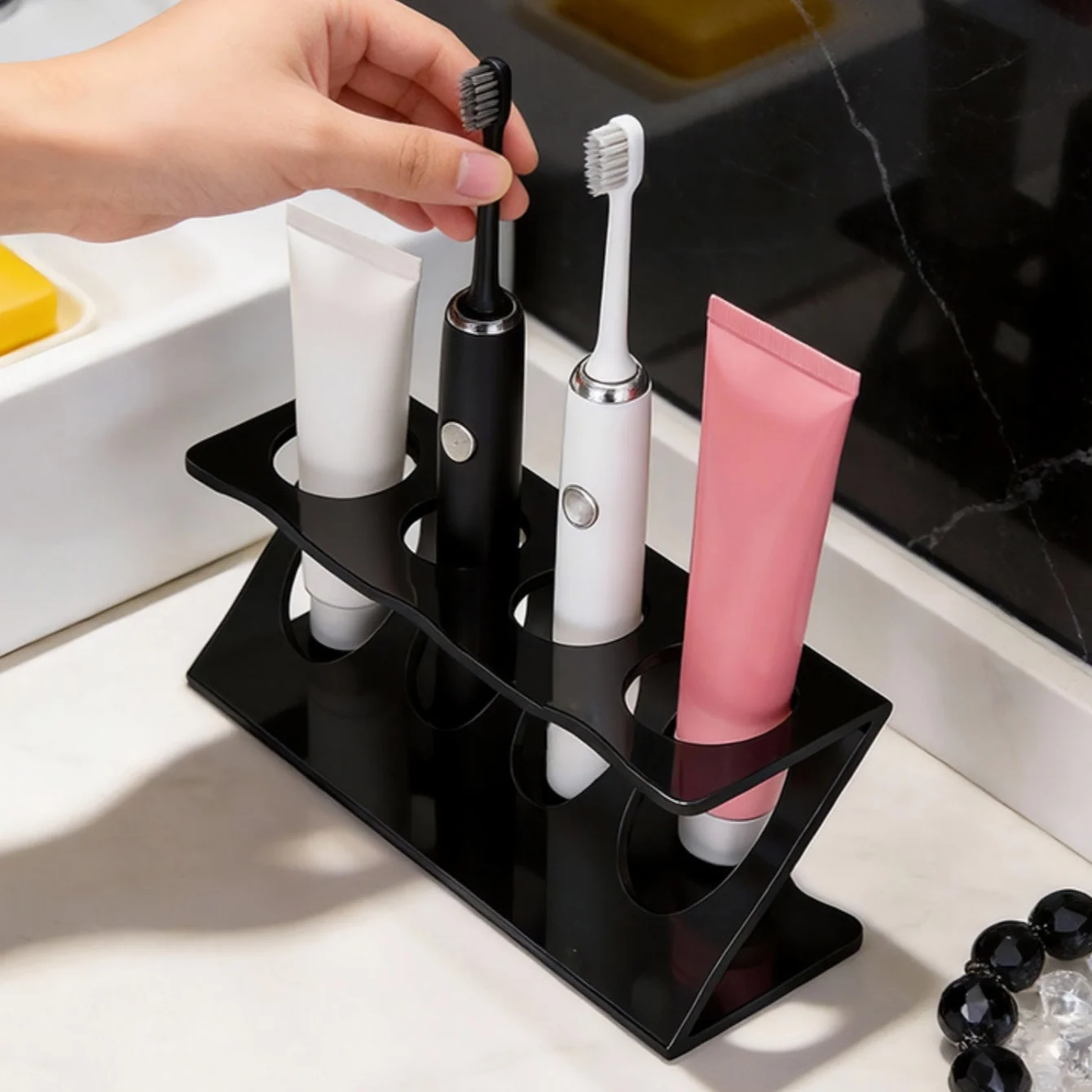 Toothbrush Holder Stand for Bathroom: Ventilated Organizer with Slots for Electric Toothbrushes, Toothpaste, Razors & Small Comb