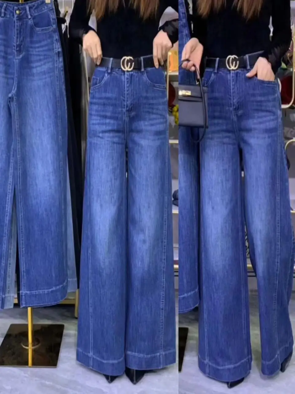 

Blue High Waist Wide Leg Jeans Women's Loose Faion Slimming Long Pants Spring Summer New Sle Cotton Stretch Denim