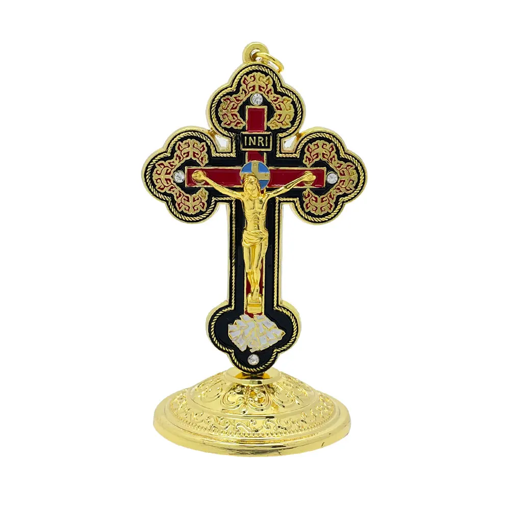 New2026 Catholic Standing Crucifix Gold Enamel Tabletop Altar Cross Jesus Corpus INRI Church Home Decor Religious Christian Gift