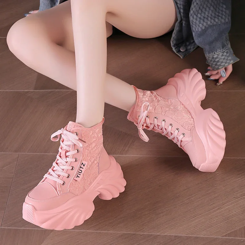 Fashion Women Chunky 8.5CM Platform Motorcycle Boots Lace Up Thick Bottom Ankle Botas Mujer High Top Punk Sneaker Shoes Autumn