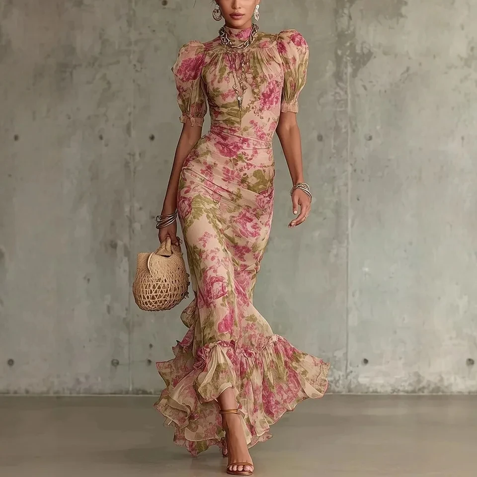 

2026 Spring New Sexy Mesh Print Fashion Casual Versatile Mermaid Skirt Drop Shoulder Dress Women Style