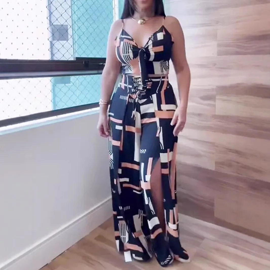 

Модные топы на бретельках, женские летние наряды, свободные укороченные топы + прямые брюки с принтом, повседневные комплекты из двух предметов, одежда