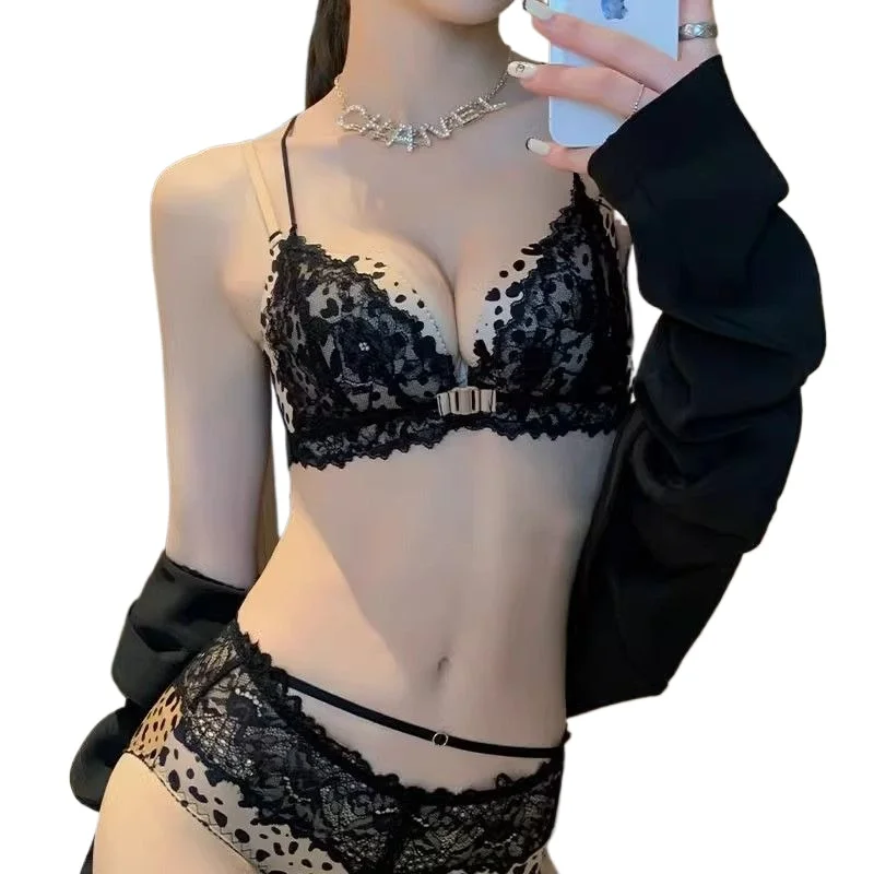 

Sexy Leopard Print Front Buckle Underwear Women's Small Breasts Gather and Show Big Anti-sagging Collection Breasts Lace Sets