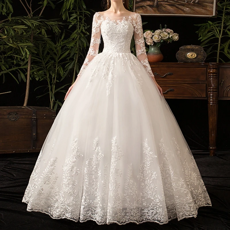 Vestidos De novia De princesa Vintage, manga larga, cuello redondo, Apliques De encaje, corsé, vestidos De novia