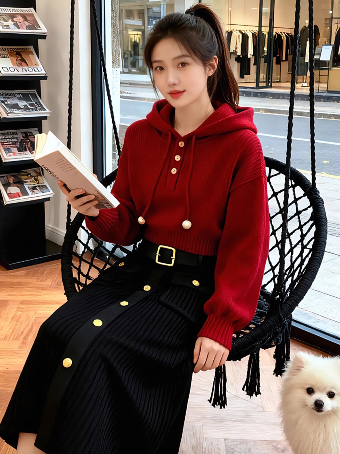 Zoete zachte Cisas rode trui met capuchon dames Sle herfst winter 2025, nieuwe afslankende veelzijdige basislaag top