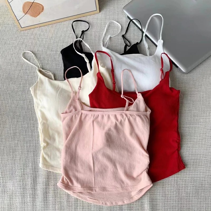 

Hot Girl Camisole Women's Pleated Backless Adjustable Shoulder Straps Tank Top With Chest Pad