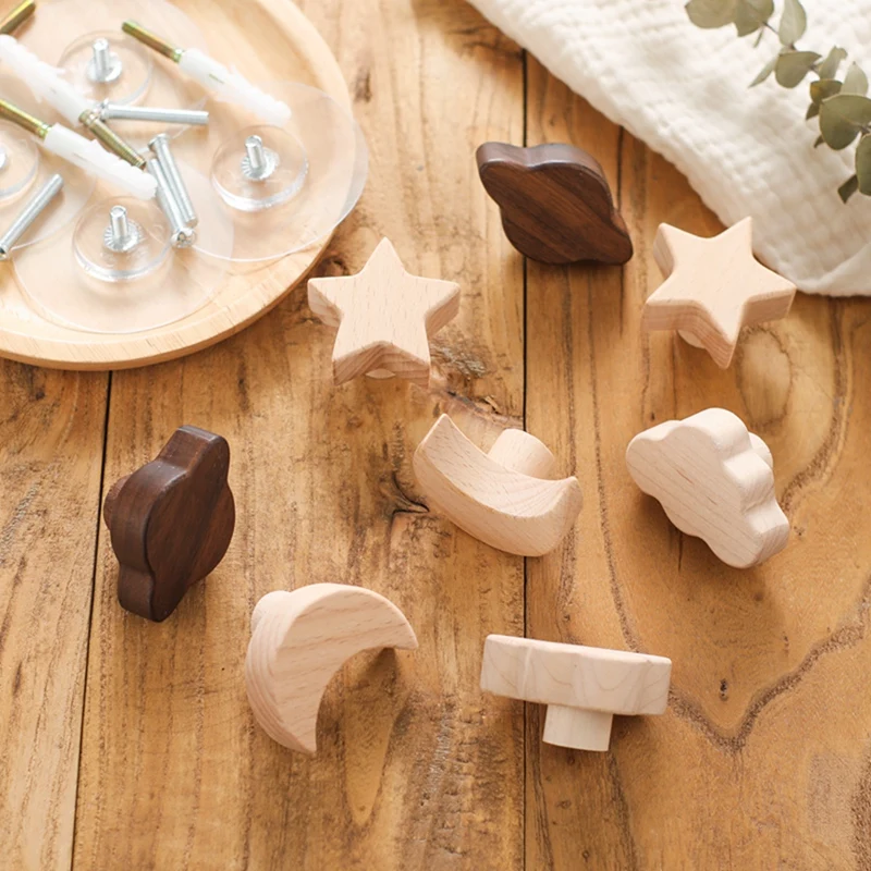 Star Moon Wooden Drawer Knob Cupboard Furniture Drawer Pulls Handles with Screws Cartoon Celestial Cloud Dresser Knob Houseware