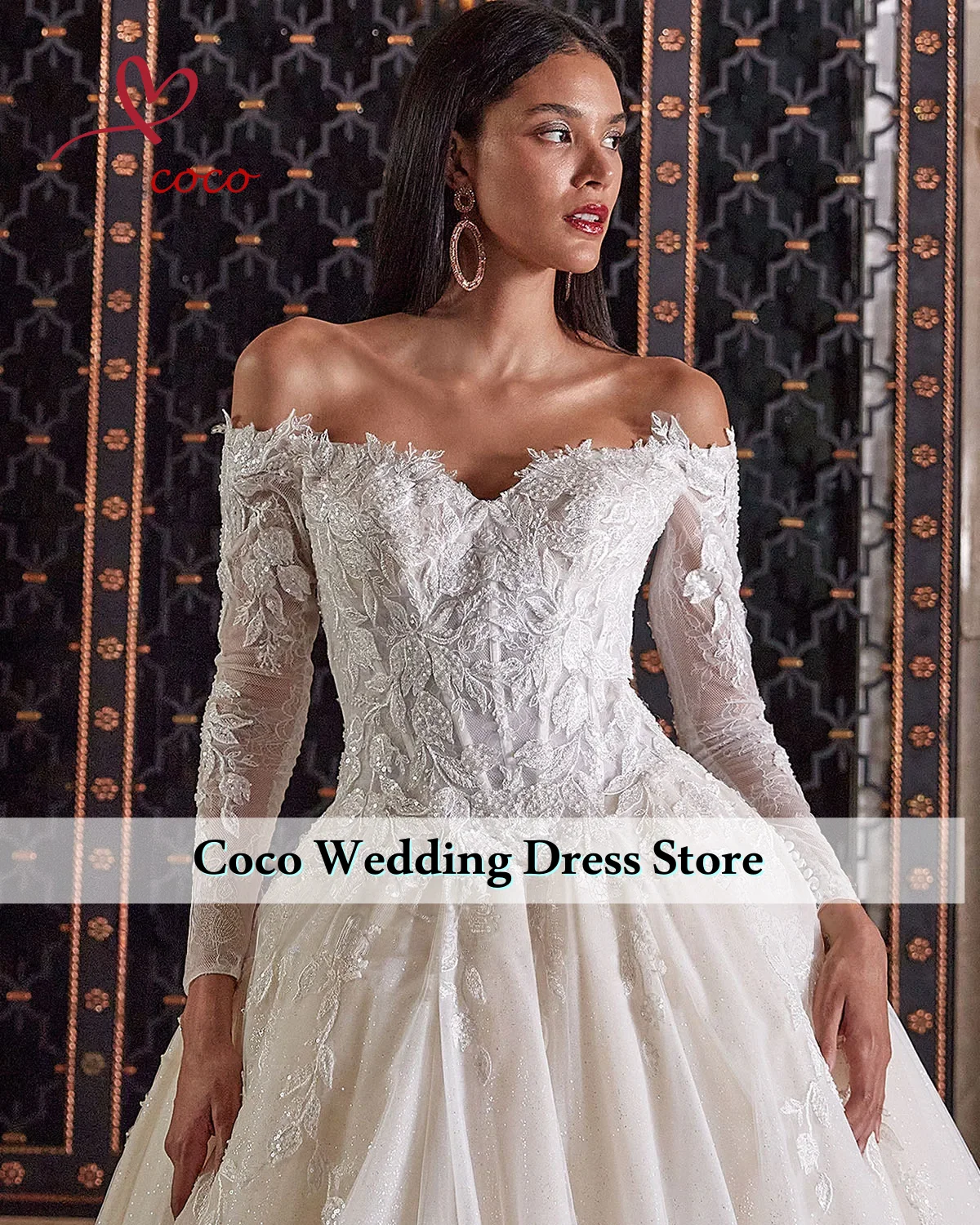 تخصيص قبالة الكتف كم طويل الرقبة الحبيب الخرز الكامل يزين لامعة الكرة ثوب فساتين الزفاف Vestido De Noiva #3