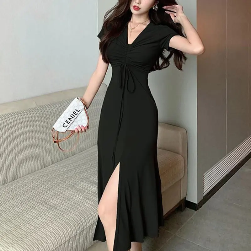 

Women's Short Sleeve Midi Dress, Summer Fashion, Solid Color, Shirring V-neck, Sexy Clothes, Elegant Temperament