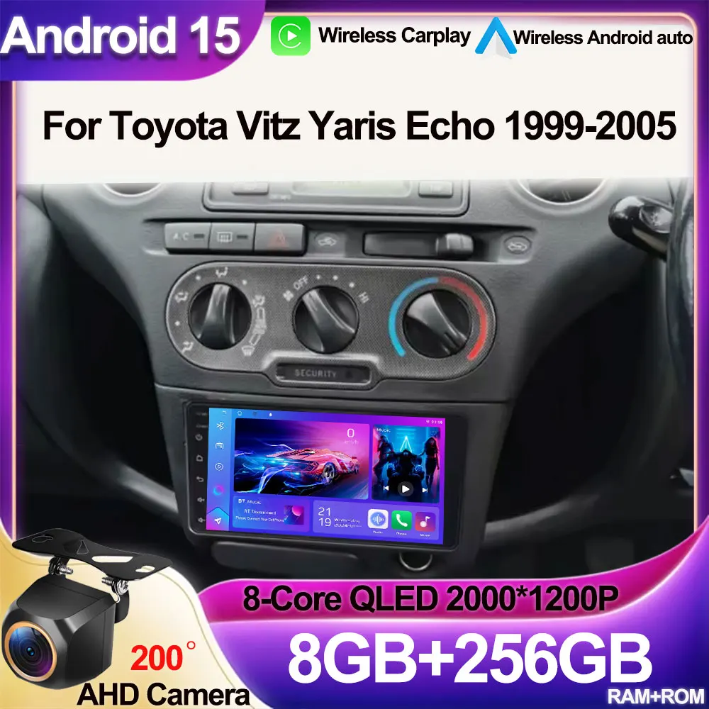 Android 15 For Toyota Vitz Yaris Echo 1999-2005 Carplay Auto Car Radio Multimedia Video Player Navigation GPS No 2Din 2 Din DVD